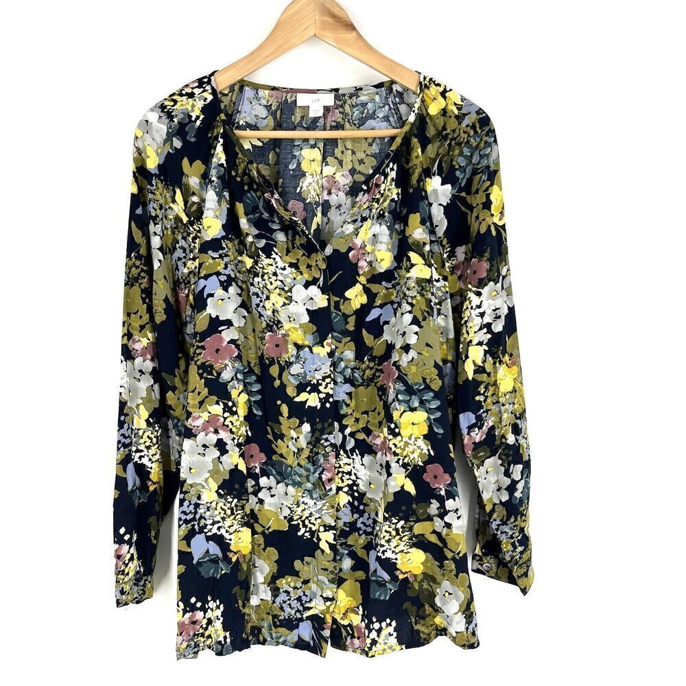 J Jill Top Size Medium Navy Yellow Floral Long Sleeve Button Front Tunic Blouse